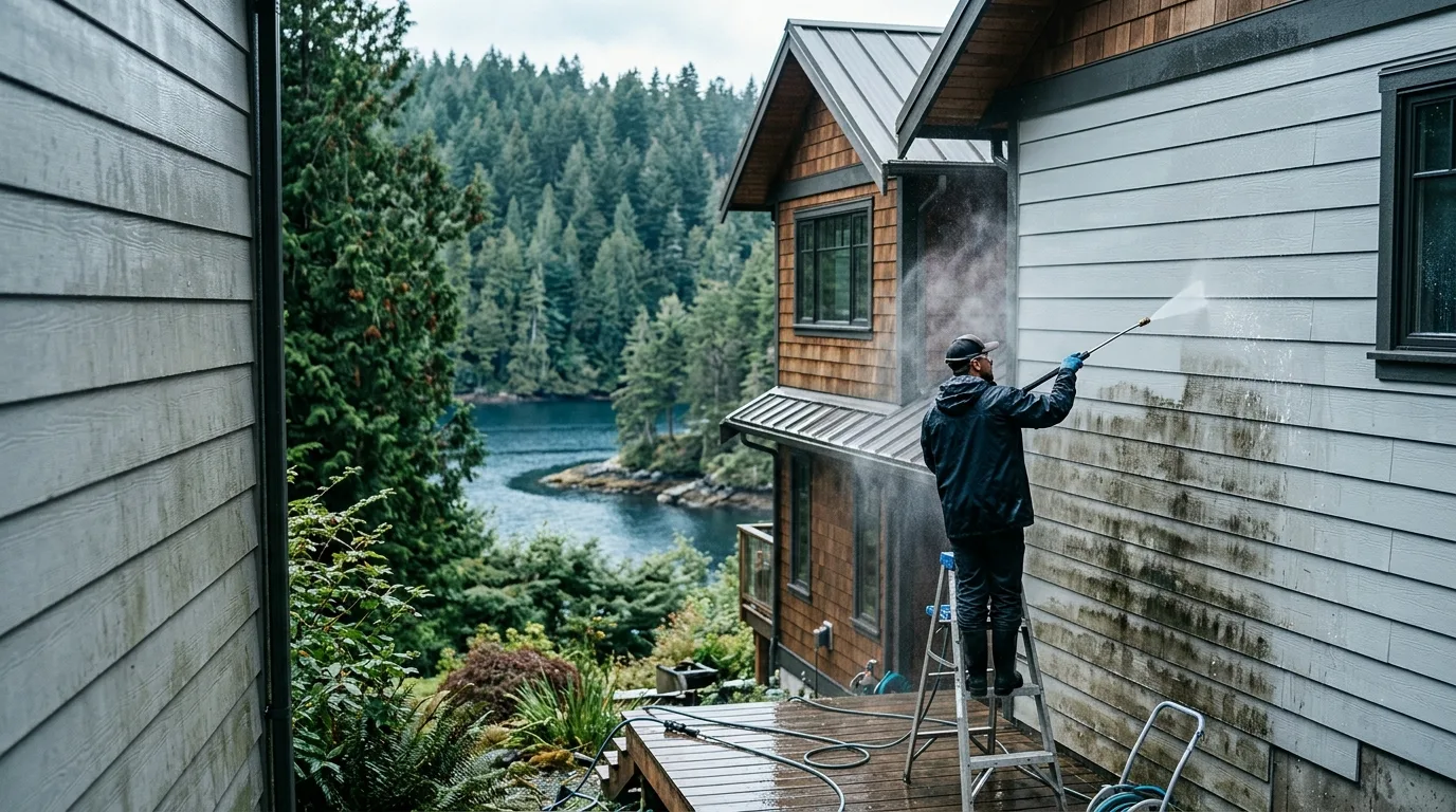 Algae-stained house siding being soft-washed from a ladder at a waterfront home near Nanaimo BC
