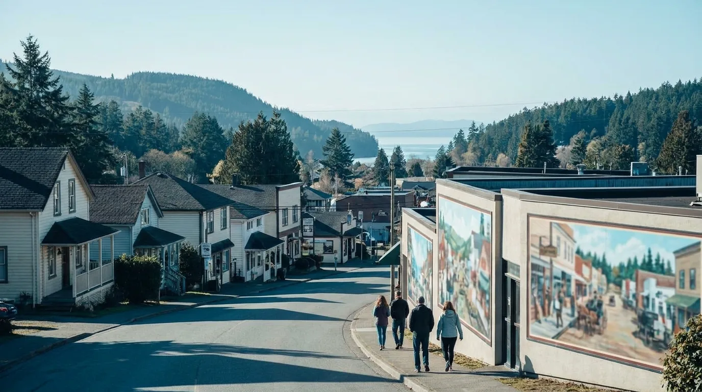 Painted murals along a downtown street of older wood-frame buildings in Chemainus BC above the sea