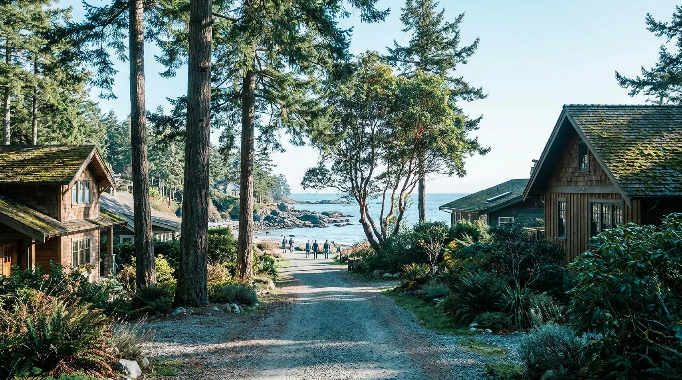 Gravel lane between cedar-shingled homes with mossy roofs leading down to the shore in Lantzville BC