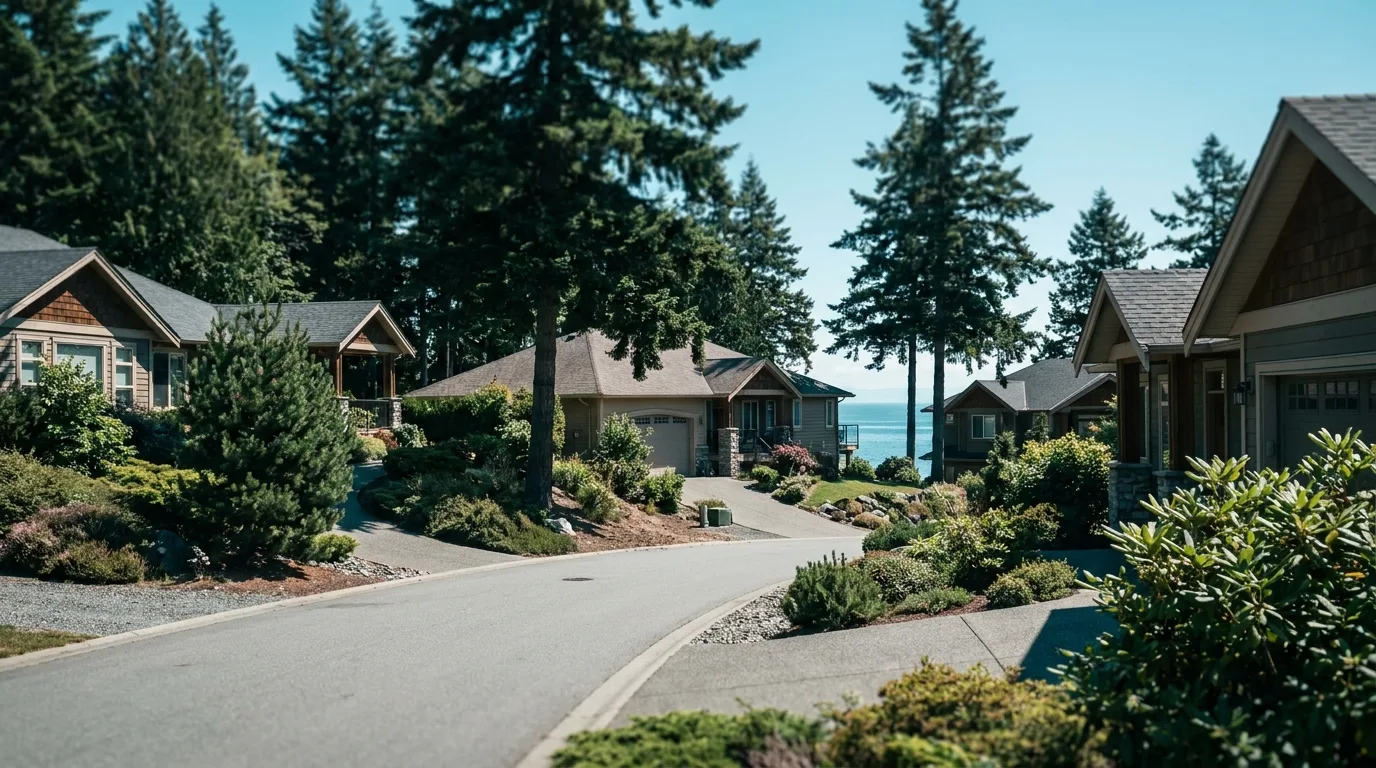 A quiet residential street of hillside homes above the water in Nanaimo BC, framed by tall firs
