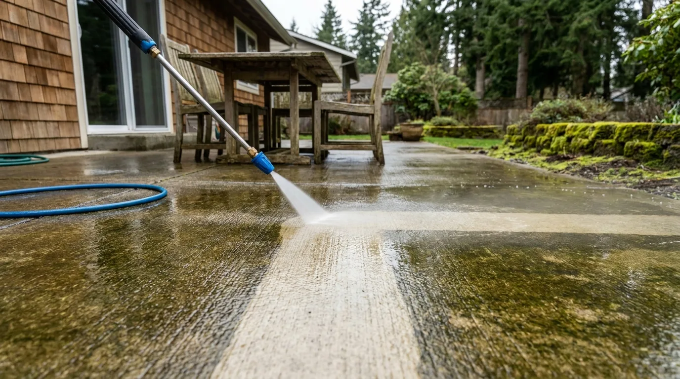 Concrete cleaning on a residential patio near Nanaimo, a wand cutting a clean stripe through green algae