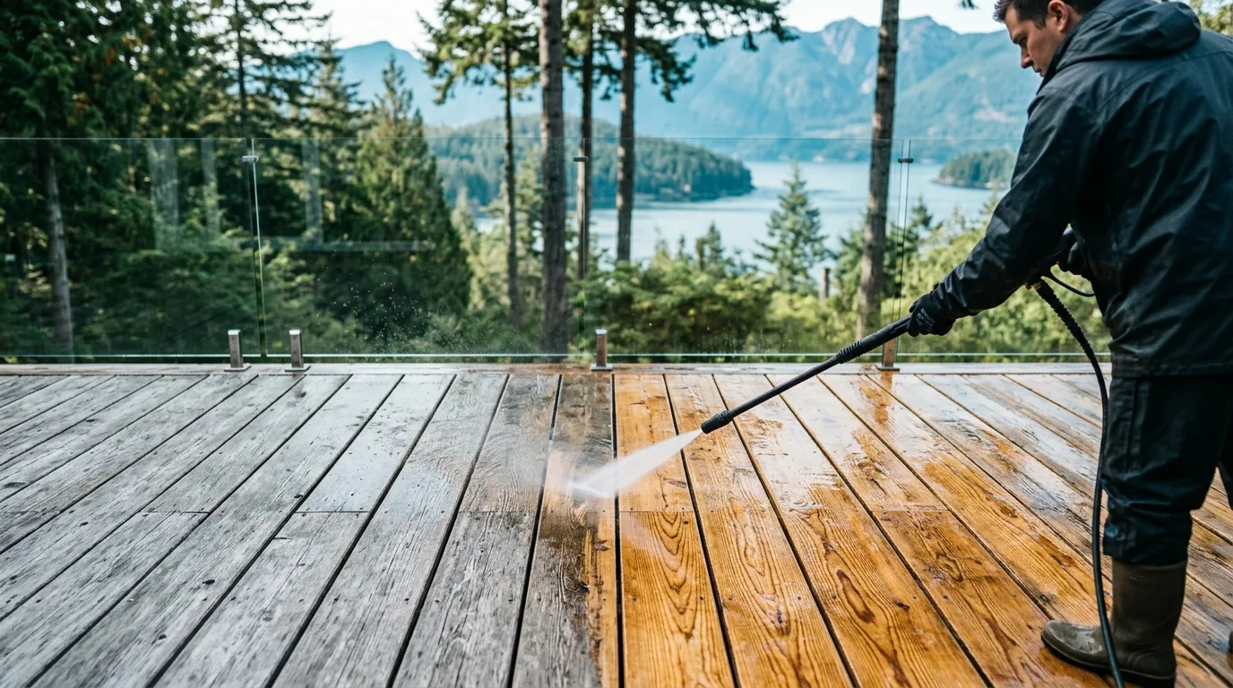 Washing grey weathered cedar deck boards at a home in Nanaimo BC