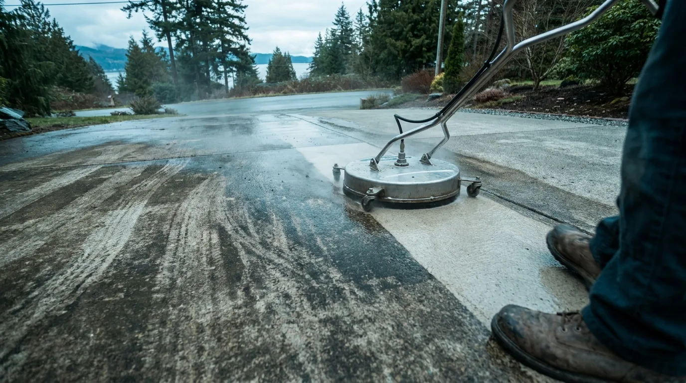 A rotary surface cleaner lifting years of grime from a wide residential concrete driveway near Nanaimo