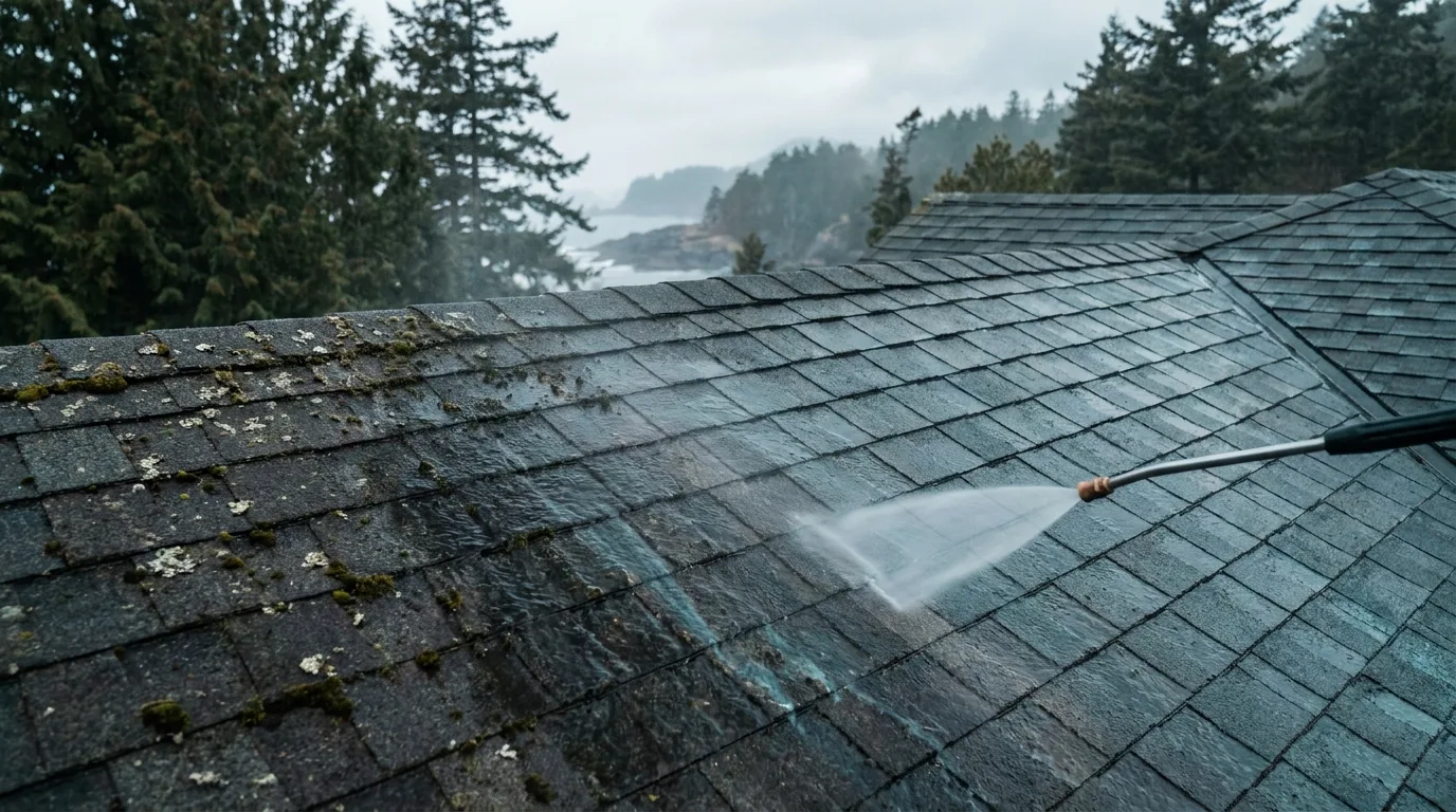Low-pressure wand rinsing moss and lichen from an asphalt shingle roof above the coastline near Nanaimo