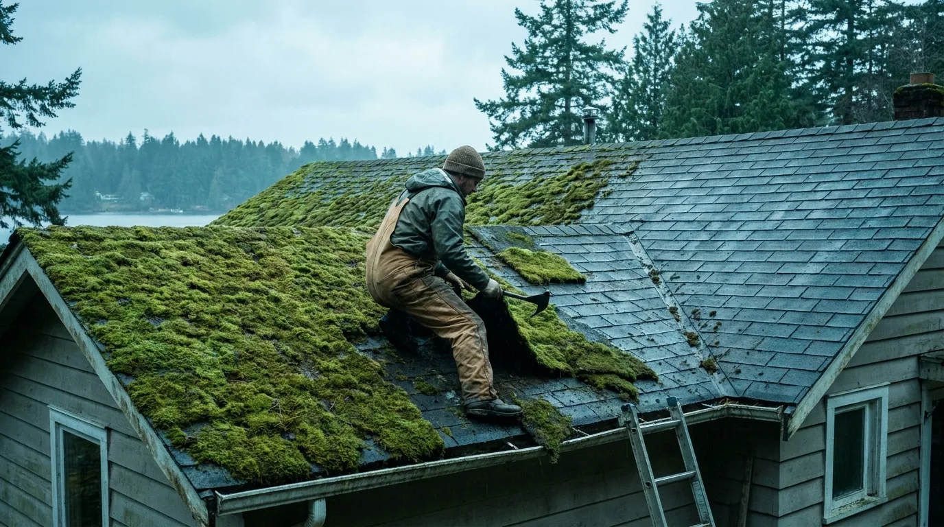 Scraping a thick mat of moss off asphalt shingles on a Nanaimo BC roof, cleared section visible