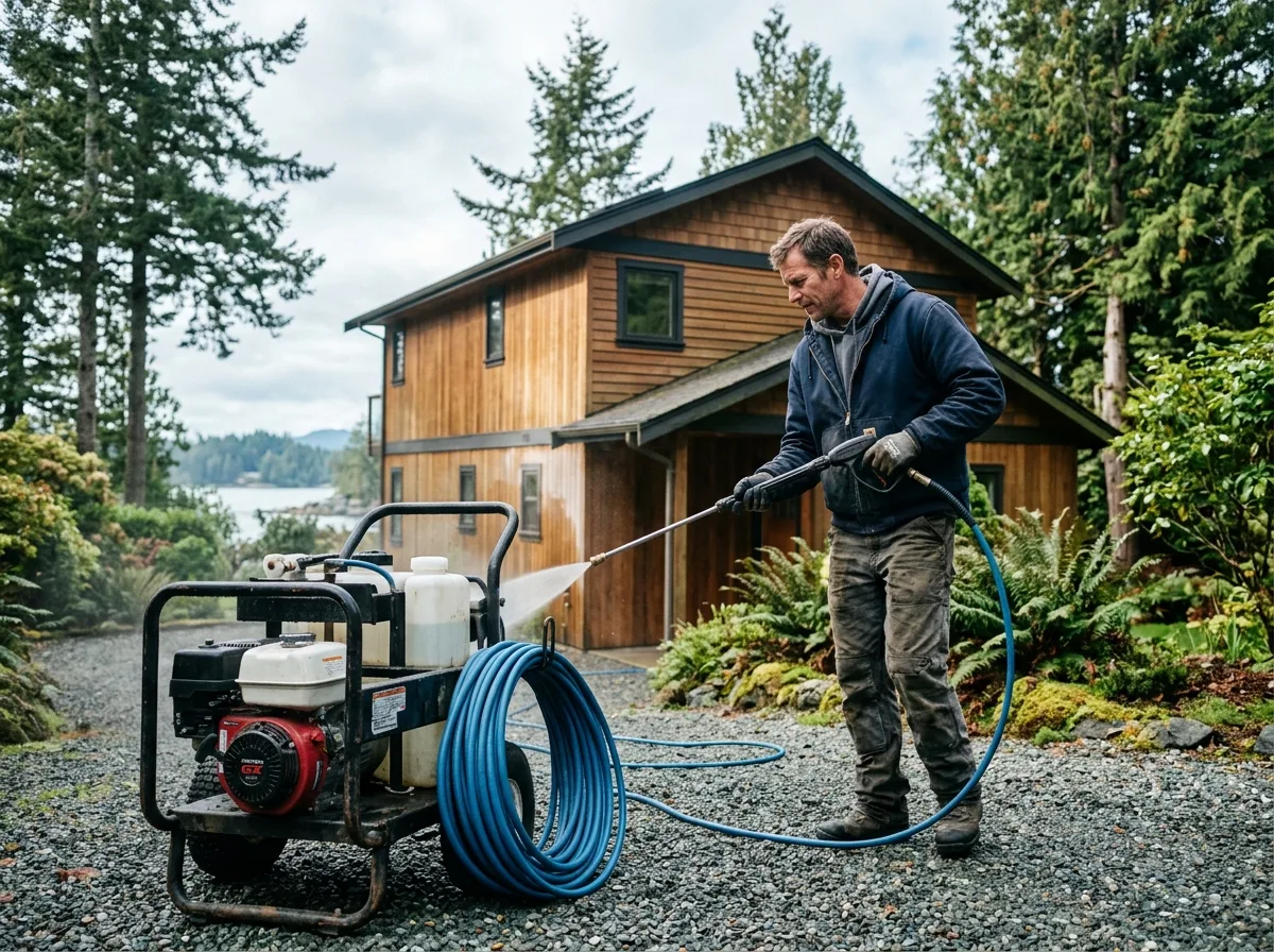 Exterior cleaning underway at a cedar-clad Vancouver Island home, with a pressure washer and hose on the gravel drive